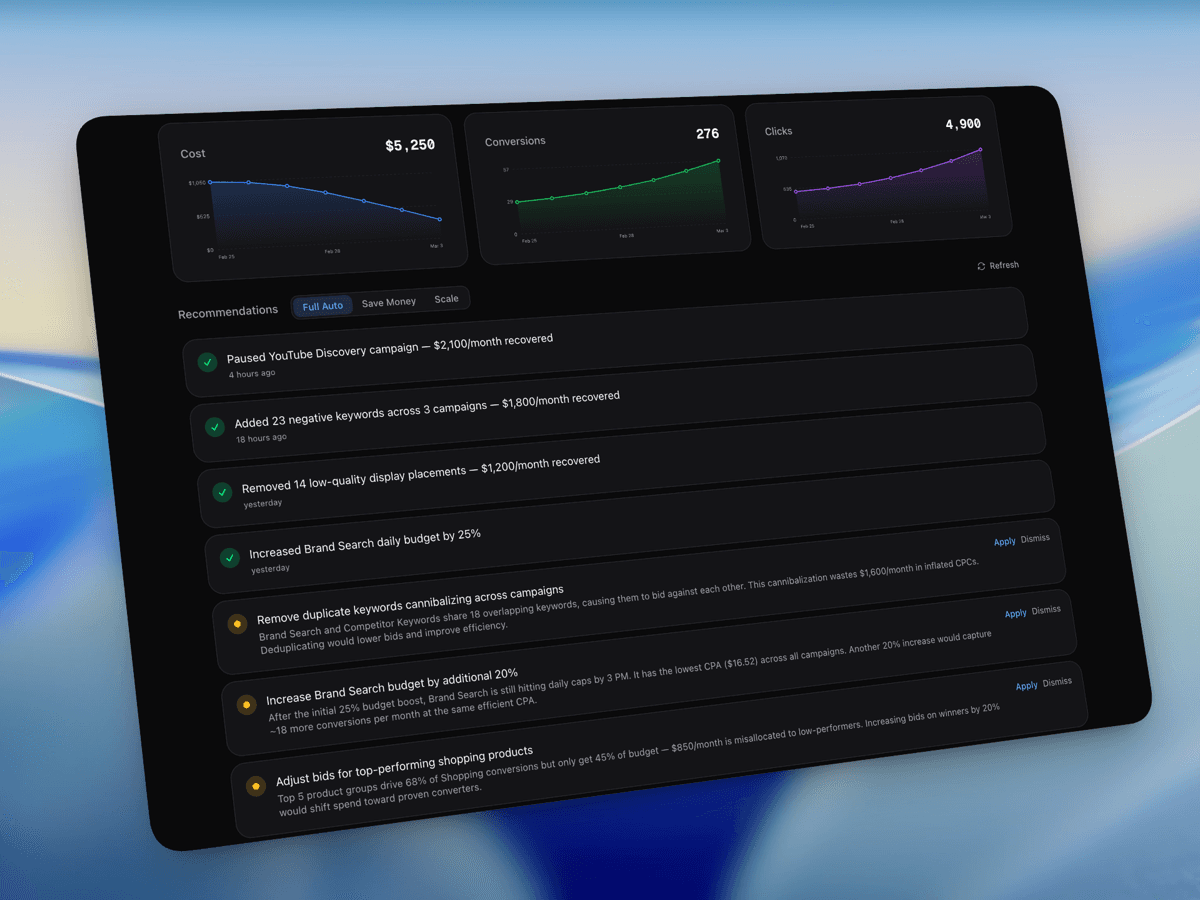 AdCue AI recommendations showing prioritized advertising improvements
