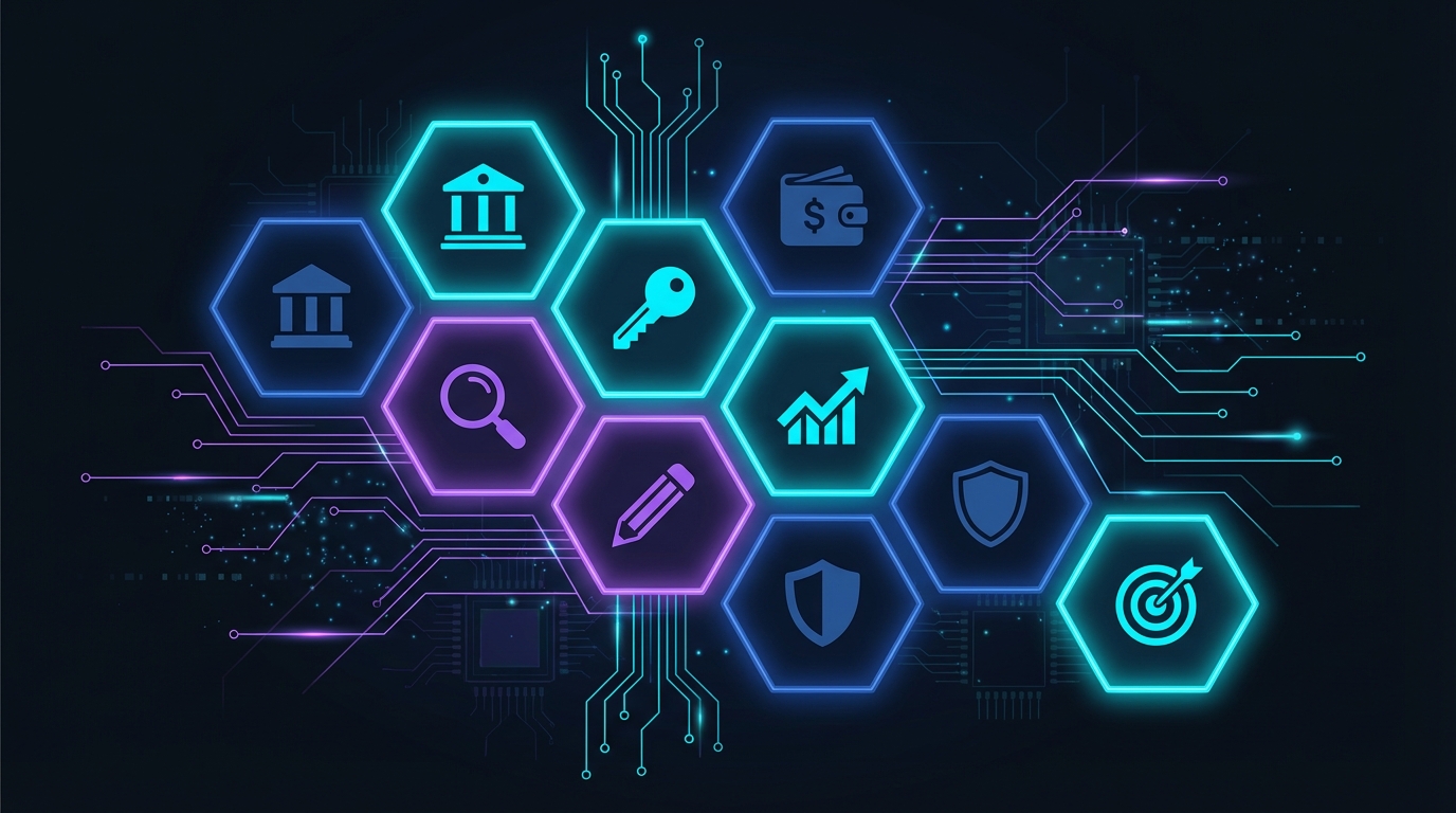 Grid of eight audit areas connected by circuit lines: campaign structure, keywords, search terms, budget, bidding, ad copy, negatives, and conversions