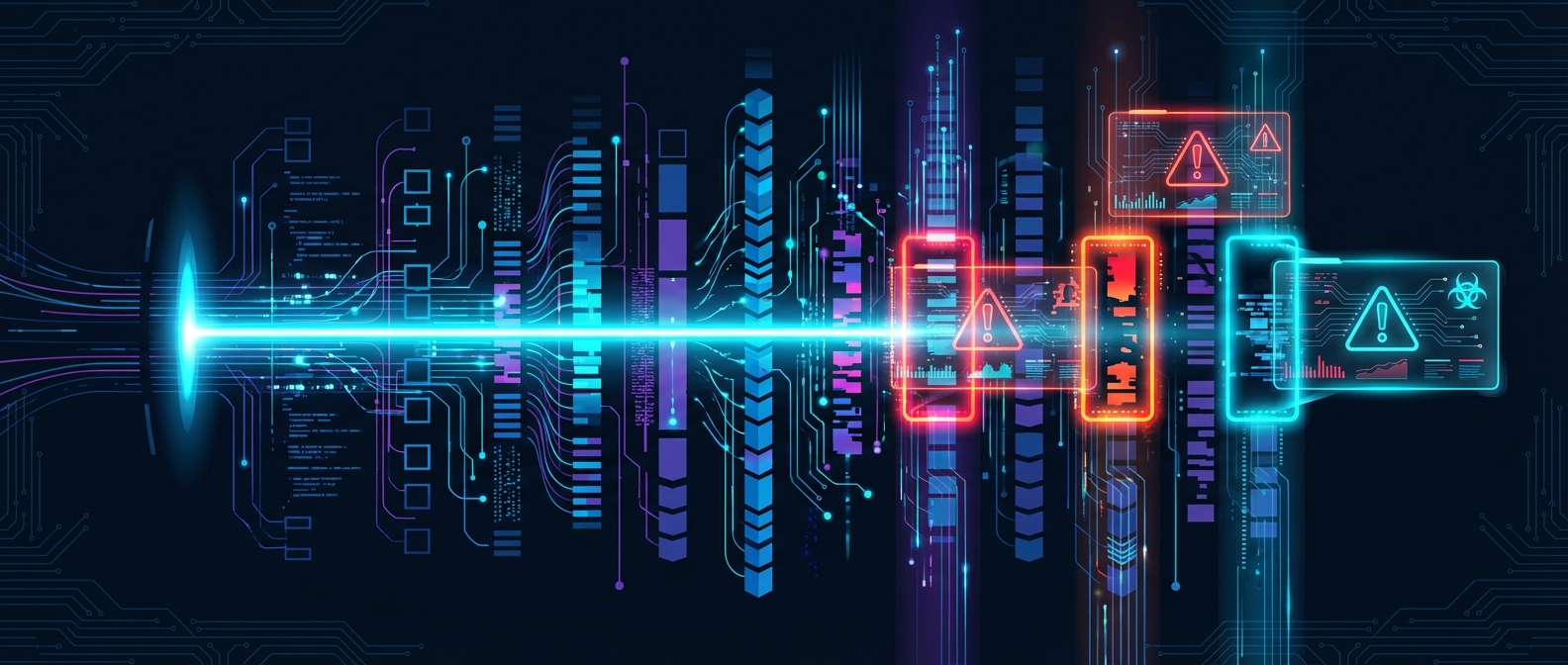 AI scanner beam sweeping across data columns, flagging three major budget issues
