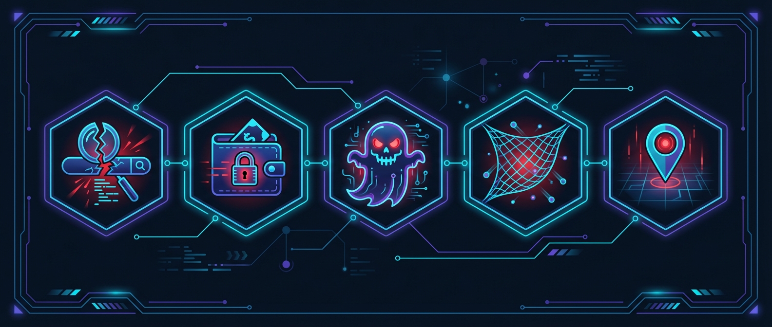 Five icons representing common sources of wasted ad spend: irrelevant terms, starved budgets, zombie campaigns, broad match, and wrong targeting